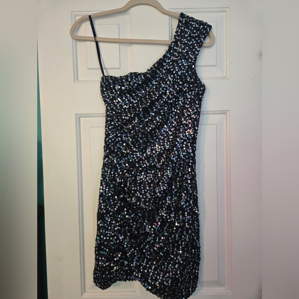 As U Wish Black One-Shoulder Sequin Cocktail Dress